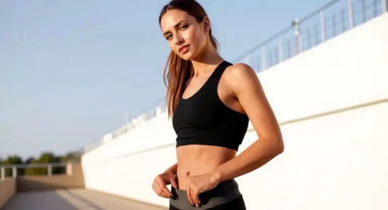 Una persona in abbigliamento sportivo all'aperto, con addome tonico e aspetto in forma