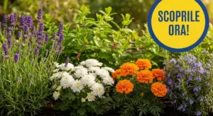 Varie piante da giardino fiorite, come lavanda, crisantemi, menta, tagete e rosmarino in un'aiuola soleggiata