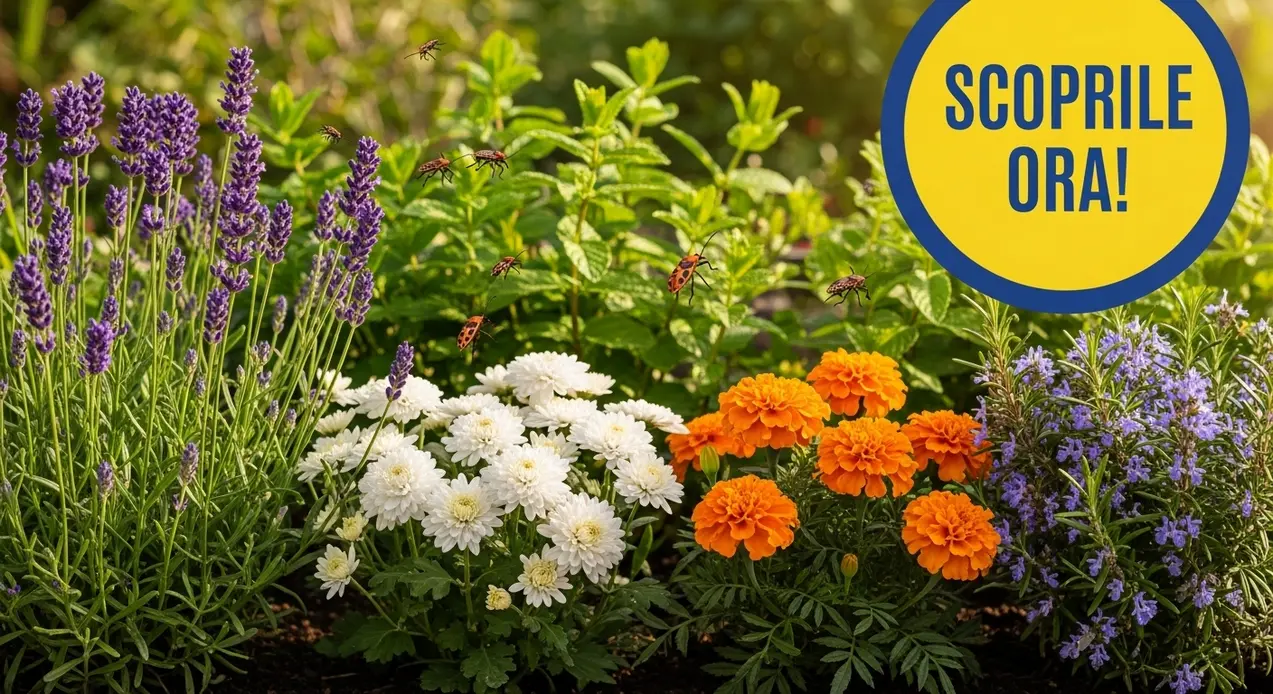 Varie piante da giardino fiorite, come lavanda, crisantemi, menta, tagete e rosmarino in un'aiuola soleggiata