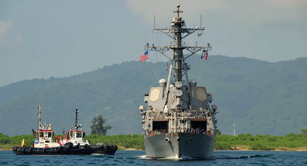 Nave militare davanti alla costa con rimorchiatori e colline sullo sfondo