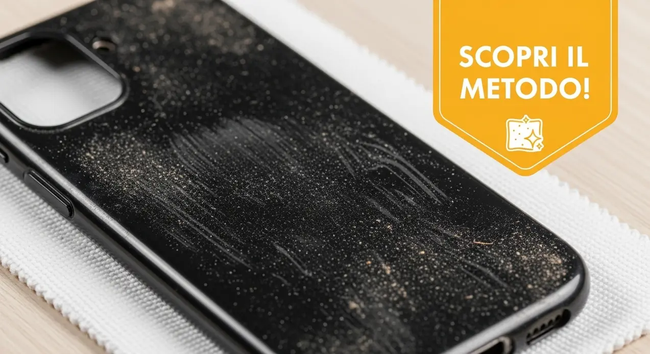 Cover nera per smartphone con superficie appiccicosa e polverosa su panno bianco