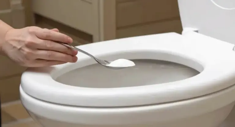 Una mano versa una sostanza bianca in polvere nel water con un cucchiaio