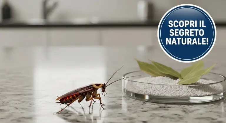 Blatta su un piano cucina vicino a un contenitore con foglie e polvere naturale