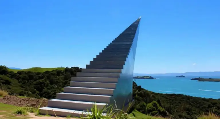 Scalinata moderna che si innalza verso il cielo con vista panoramica sul mare e sulle colline verdi
