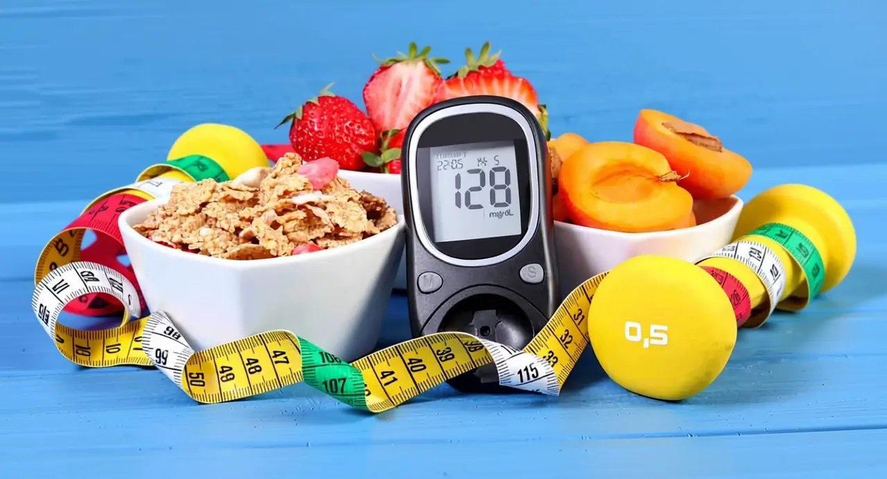 Misuratore di glicemia accanto a ciotole con cereali, frutta fresca, pesi e metro da sarta