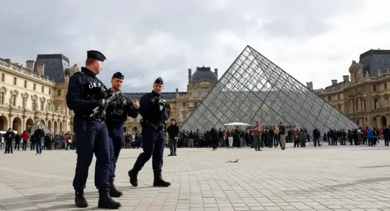 Agenti di polizia pattugliano l'esterno di un museo con una piramide di vetro