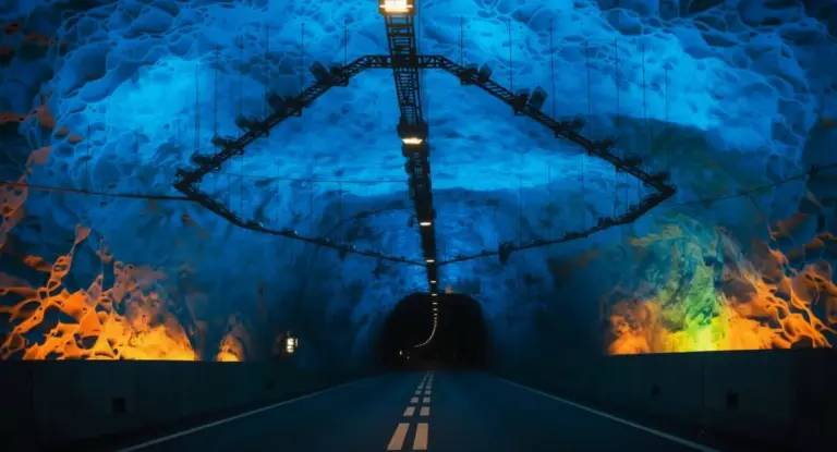 Interno di un tunnel stradale illuminato con luci blu, arancioni e verdi