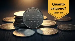 Monete italiane da 500 lire bimetalliche disposte su una superficie scura